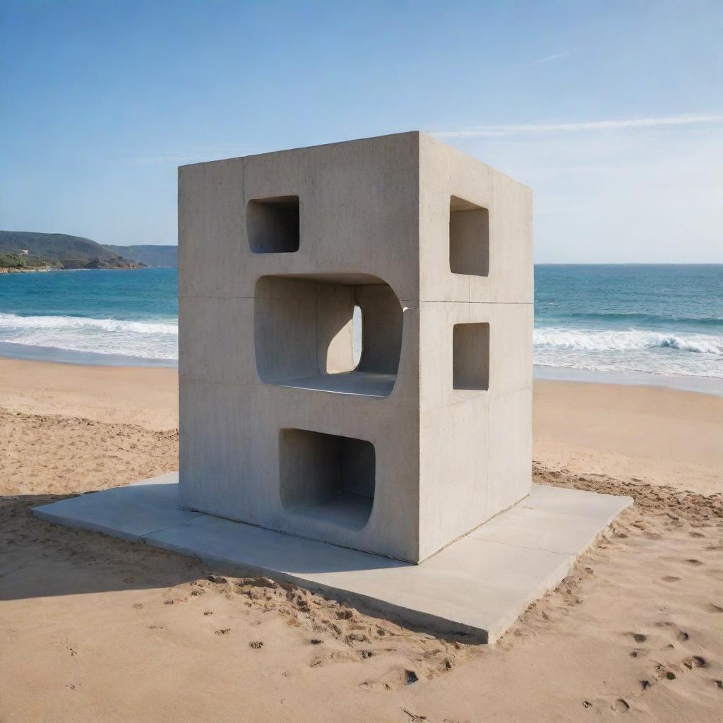 An innovative architectural sculpture made from a 6 by 6 meters cubed concrete structure, prominently located on a sandy beach with the ocean waves breaking gently nearby