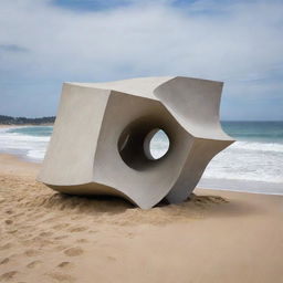 An innovative architectural sculpture made from a 6 by 6 meters cubed concrete structure, prominently located on a sandy beach with the ocean waves breaking gently nearby