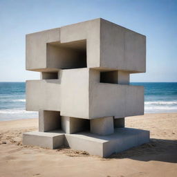 An innovative architectural sculpture made from a 6 by 6 meters cubed concrete structure, prominently located on a sandy beach with the ocean waves breaking gently nearby