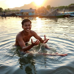 A person sitting in shallow water, playfully hitting the water with their hands, creating gentle splashes