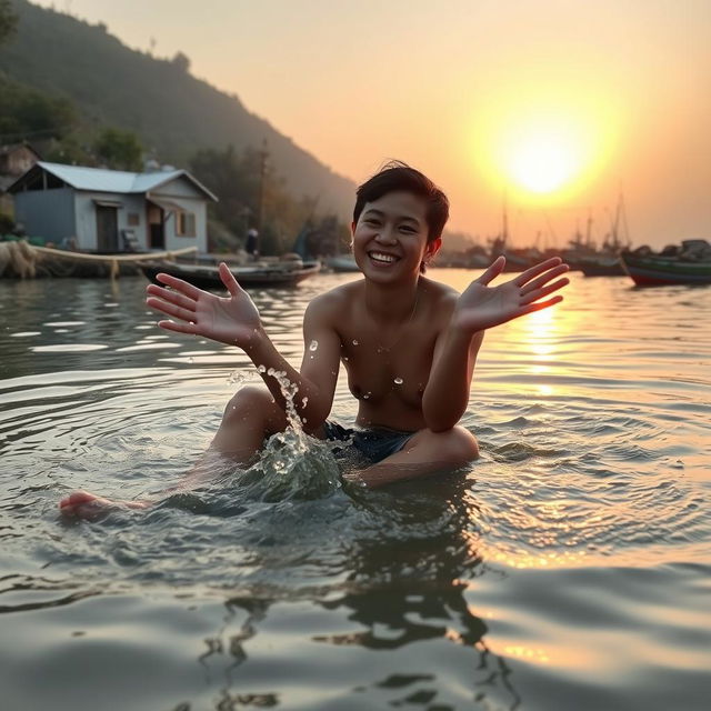 A person sitting in shallow water, playfully hitting the water with their hands, creating gentle splashes