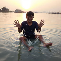 A person sitting in shallow water, playfully hitting the water with their hands, creating gentle splashes