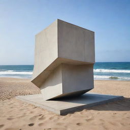 An innovative architectural sculpture made from a 6 by 6 meters cubed concrete structure, prominently located on a sandy beach with the ocean waves breaking gently nearby