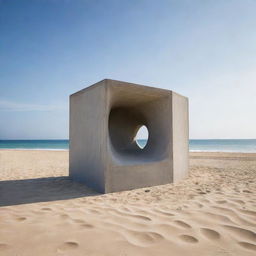 A meticulously crafted architectural sculpture shaped from a 6 by 6 meters cube of raw concrete, set against the contrasting backdrop of a gentle, sandy beach