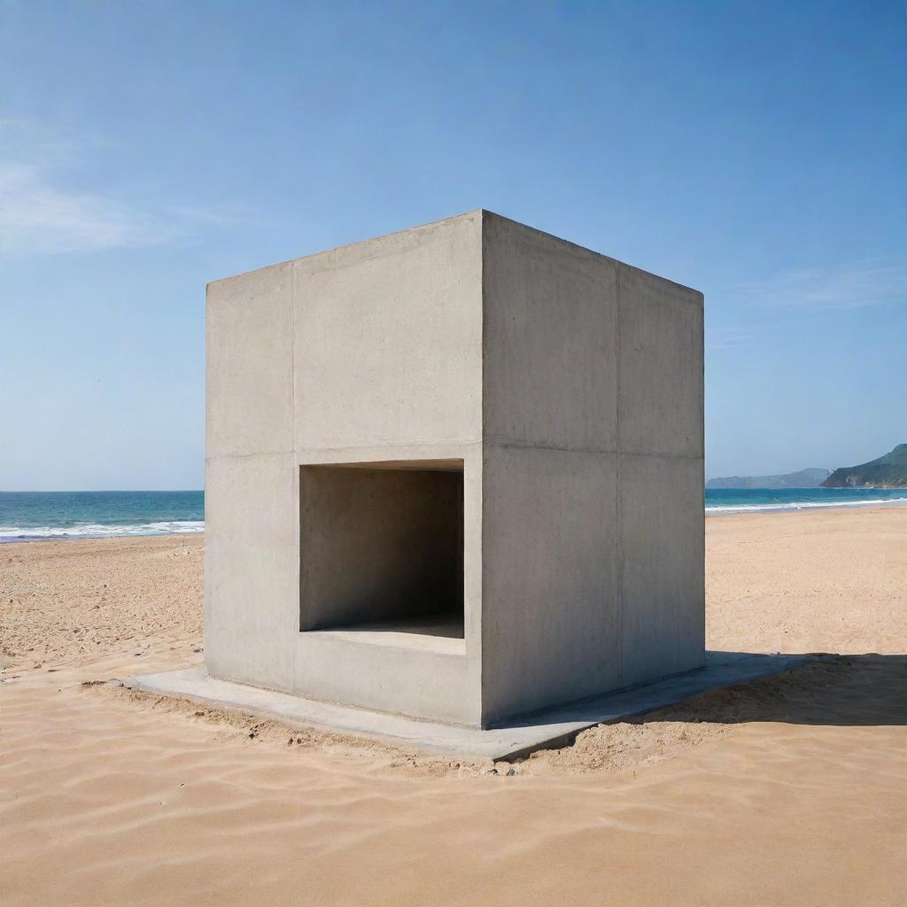 A meticulously crafted architectural sculpture shaped from a 6 by 6 meters cube of raw concrete, set against the contrasting backdrop of a gentle, sandy beach