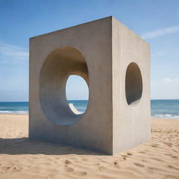 A meticulously crafted architectural sculpture shaped from a 6 by 6 meters cube of raw concrete, set against the contrasting backdrop of a gentle, sandy beach