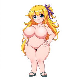 Anime-style character, voluptuous figure, large breasts, with yellow hair and blue eyes