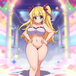 Anime-style character, voluptuous figure, large breasts, with yellow hair and blue eyes