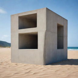 A meticulously crafted architectural sculpture shaped from a 6 by 6 meters cube of raw concrete, set against the contrasting backdrop of a gentle, sandy beach