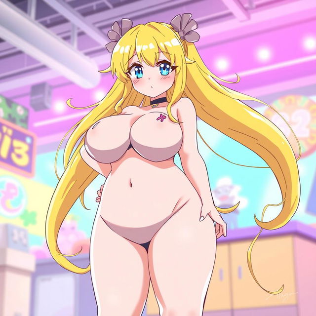 Anime-style character, voluptuous figure, large breasts, with yellow hair and blue eyes