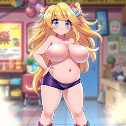 Anime-style character, voluptuous figure, large breasts, with yellow hair and blue eyes