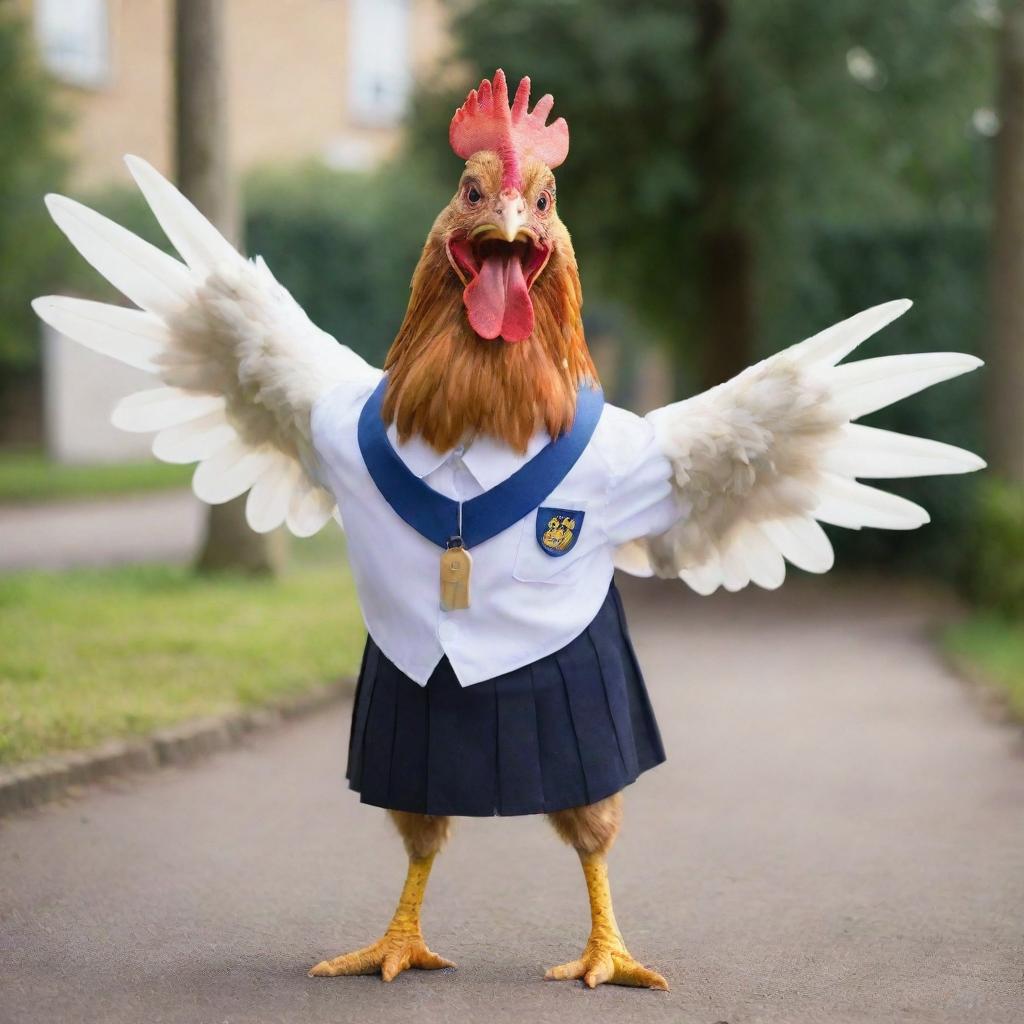 An energetic chicken wearing a school uniform, happily ready to go to school