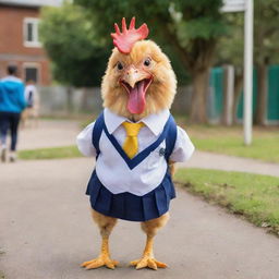 An energetic chicken wearing a school uniform, happily ready to go to school