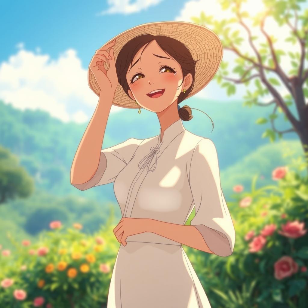 A Studio Ghibli-inspired scene featuring a beautiful woman wearing white elegant clothes