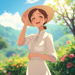 A Studio Ghibli-inspired scene featuring a beautiful woman wearing white elegant clothes