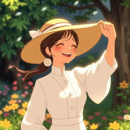 A Studio Ghibli-inspired scene featuring a beautiful woman wearing white elegant clothes