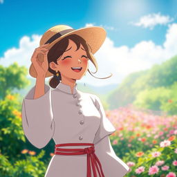 A Studio Ghibli-inspired scene featuring a beautiful woman wearing white elegant clothes