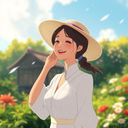 A Studio Ghibli-inspired scene featuring a beautiful woman wearing white elegant clothes