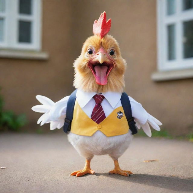 An energetic chicken wearing a school uniform, happily ready to go to school