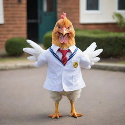 An energetic chicken wearing a school uniform, happily ready to go to school