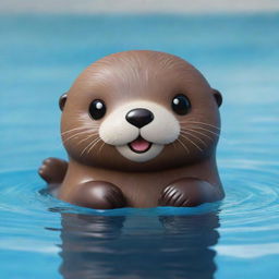 A delightful kawaii-style sea otter with big, bright eyes and a cuddly, rounded body. Its fur is a rich shade of brown, slick and shiny from the water, and it wears a playful, happy expression.