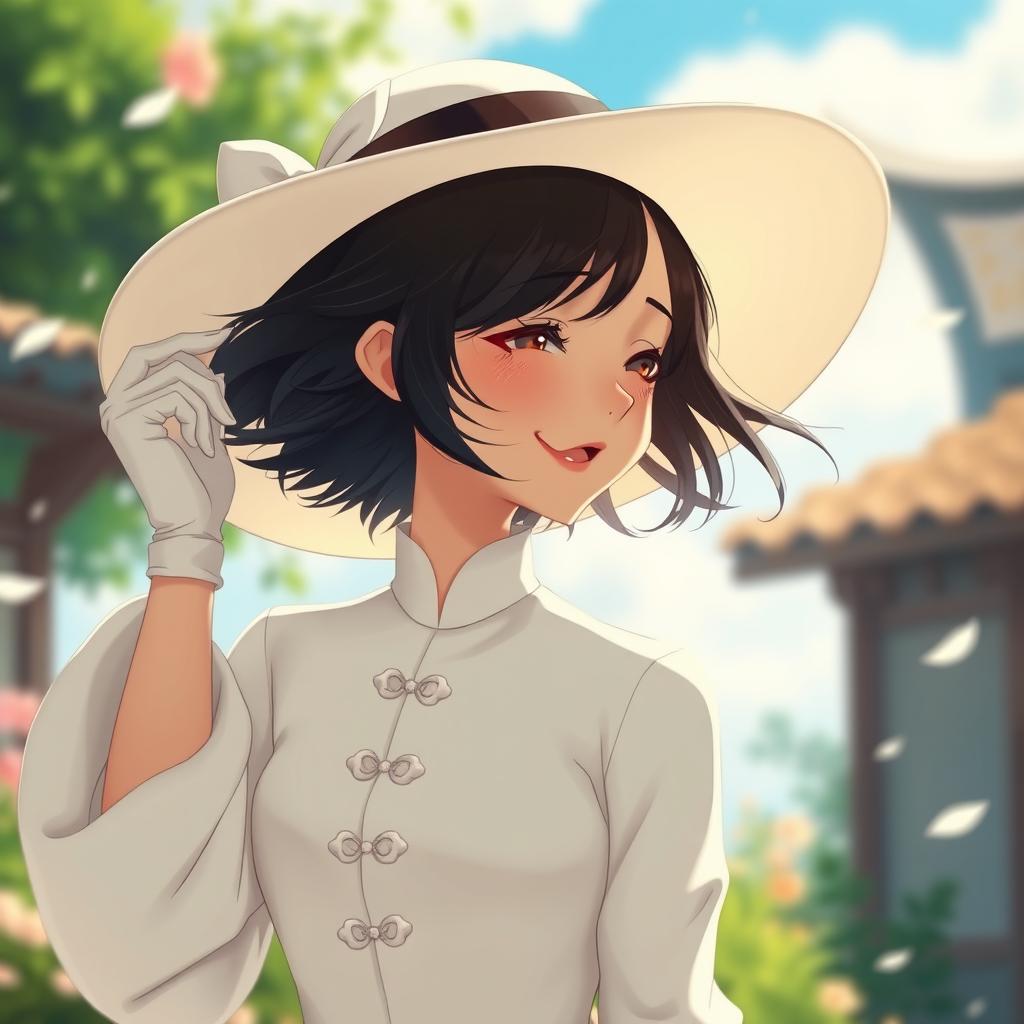 A Studio Ghibli-inspired scene featuring a beautiful Ghibli woman with black short hair