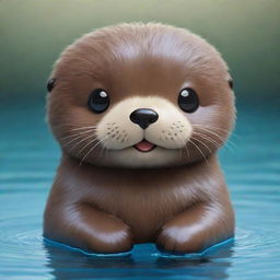 A delightful kawaii-style sea otter with big, bright eyes and a cuddly, rounded body. Its fur is a rich shade of brown, slick and shiny from the water, and it wears a playful, happy expression.