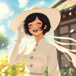 A Studio Ghibli-inspired scene featuring a beautiful Ghibli woman with black short hair