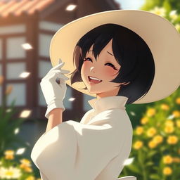 A Studio Ghibli-inspired scene featuring a beautiful Ghibli woman with black short hair