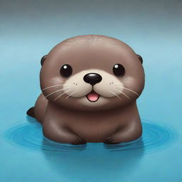 A delightful kawaii-style sea otter with big, bright eyes and a cuddly, rounded body. Its fur is a rich shade of brown, slick and shiny from the water, and it wears a playful, happy expression.