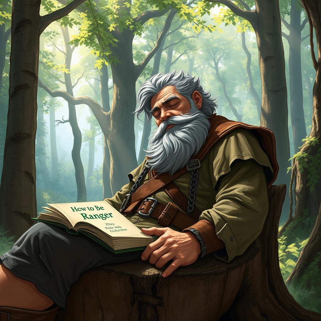 A human male in his mid-50s with a stout build and a gray beard, depicted in a dungeons and dragons art style