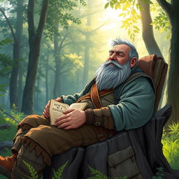 A human male in his mid-50s with a stout build and a gray beard, depicted in a dungeons and dragons art style