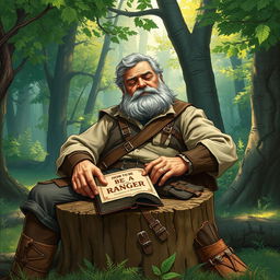 A human male in his mid-50s with a stout build and a gray beard, depicted in a dungeons and dragons art style