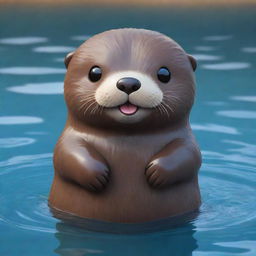 A delightful kawaii-style sea otter with big, bright eyes and a cuddly, rounded body. Its fur is a rich shade of brown, slick and shiny from the water, and it wears a playful, happy expression.