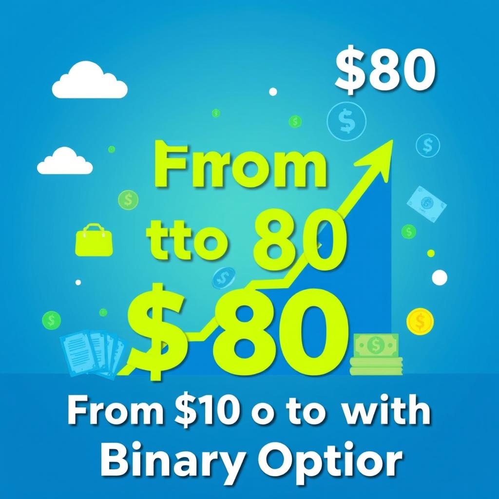 thumbnail design for financial growth tutorial, illustrating a journey from $10 to $80 through binary options trading