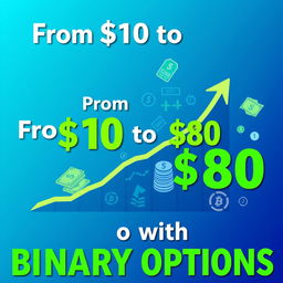 thumbnail design for financial growth tutorial, illustrating a journey from $10 to $80 through binary options trading