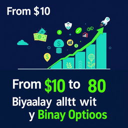 thumbnail design for financial growth tutorial, illustrating a journey from $10 to $80 through binary options trading