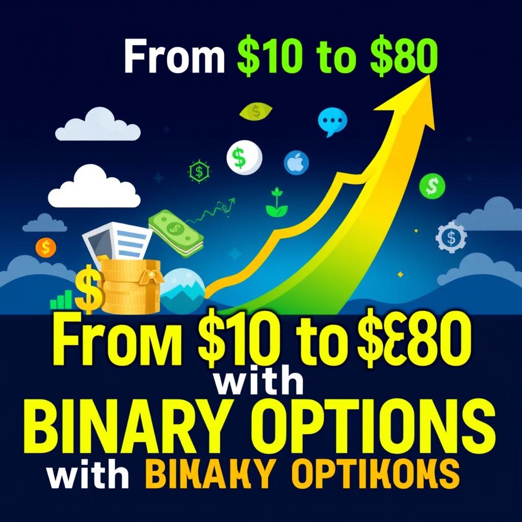 thumbnail design for financial growth tutorial, illustrating a journey from $10 to $80 through binary options trading