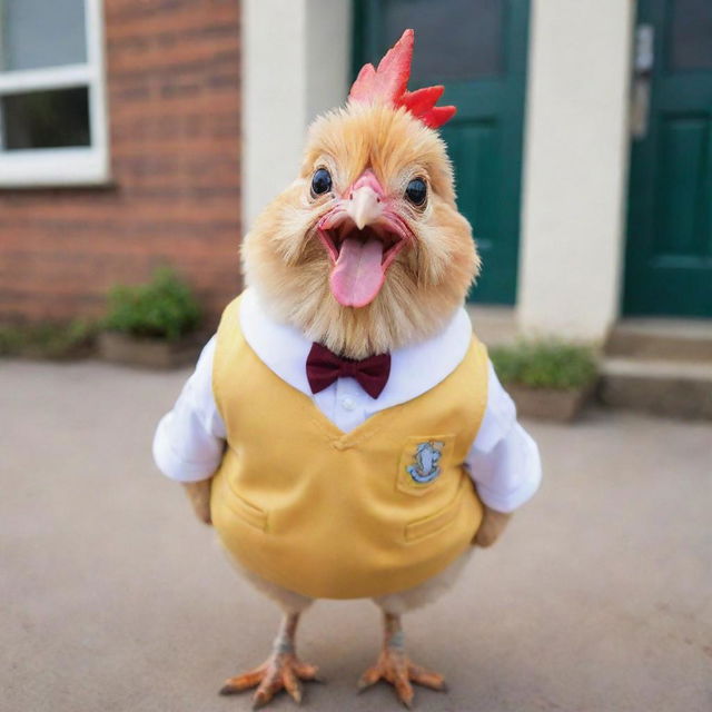 A charming chicken in a cute school uniform, its eyes gleaming with enthusiasm and readiness to attend school.