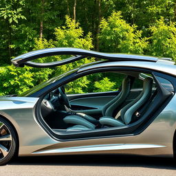 A luxurious, sleek, and environmentally friendly car, featuring a futuristic design with aerodynamic contours, polished chrome accents, and solar panels integrated into the roof