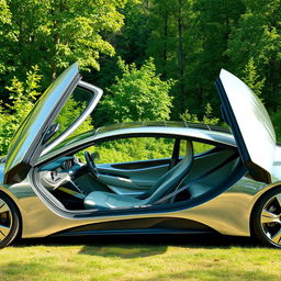 A luxurious, sleek, and environmentally friendly car, featuring a futuristic design with aerodynamic contours, polished chrome accents, and solar panels integrated into the roof