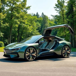 A luxurious, sleek, and environmentally friendly car, featuring a futuristic design with aerodynamic contours, polished chrome accents, and solar panels integrated into the roof