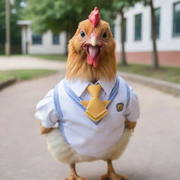 A charming chicken in a cute school uniform, its eyes gleaming with enthusiasm and readiness to attend school.