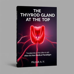 On the cover, the title "The Thyroid Gland at the Top" is prominently displayed, with a subtitle "In the Light of the New Medical Paradigm" below an artistic, anatomically accurate depiction of a thyroid gland in vibrant red, with its surrounding blood vessels clearly visible, emphasizing the complexity and significance of the gland