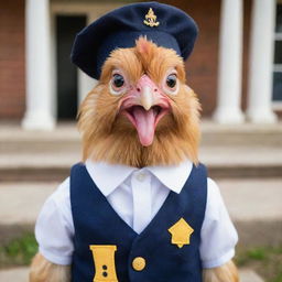 A charming chicken in a cute school uniform, its eyes gleaming with enthusiasm and readiness to attend school.