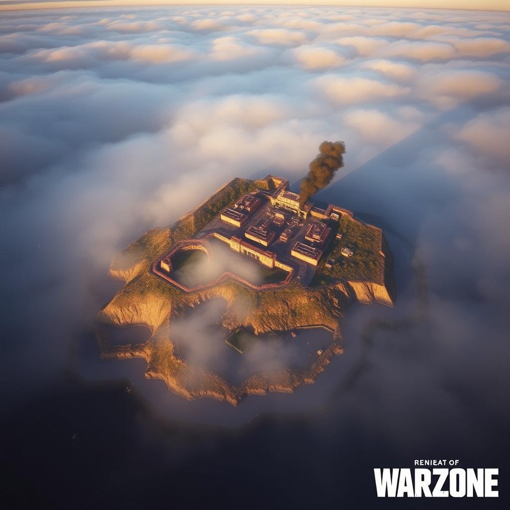 An aerial view of Rebirth Island from Warzone, featuring the island's distinctive prison complex, surrounding landscape, and dense fog