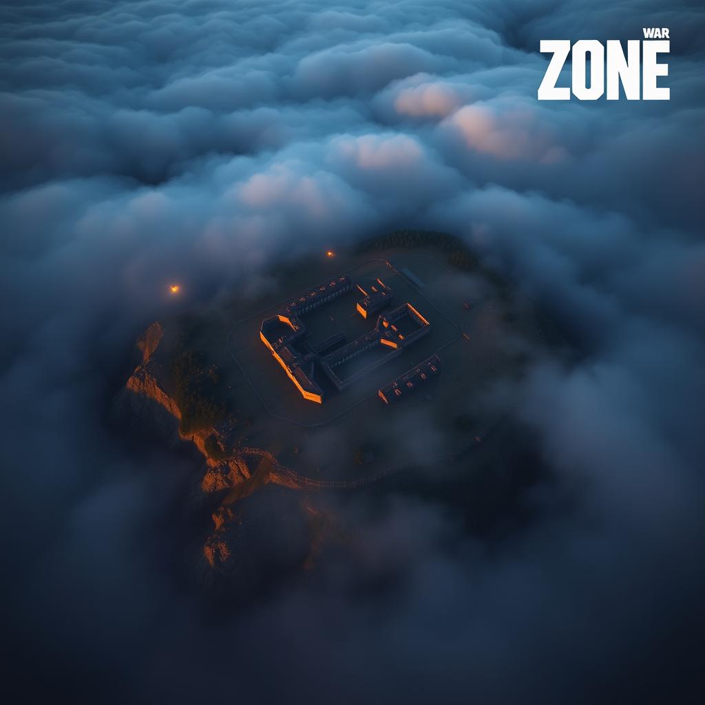 An aerial view of Rebirth Island from Warzone, featuring the island's distinctive prison complex, surrounding landscape, and dense fog