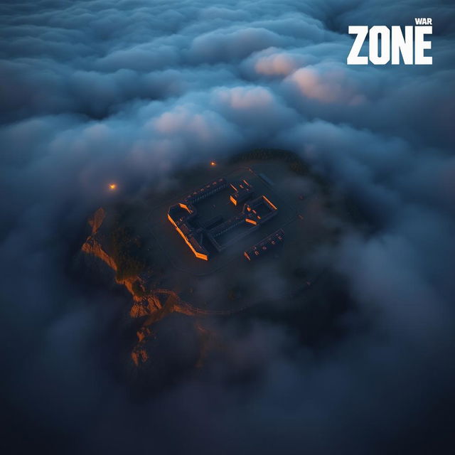 An aerial view of Rebirth Island from Warzone, featuring the island's distinctive prison complex, surrounding landscape, and dense fog