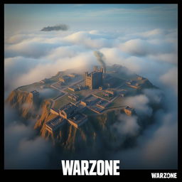 An aerial view of Rebirth Island from Warzone, featuring the island's distinctive prison complex, surrounding landscape, and dense fog