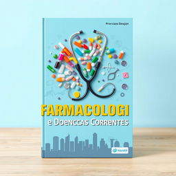 A captivating book cover design titled "Farmacologia e Doenças Correntes"